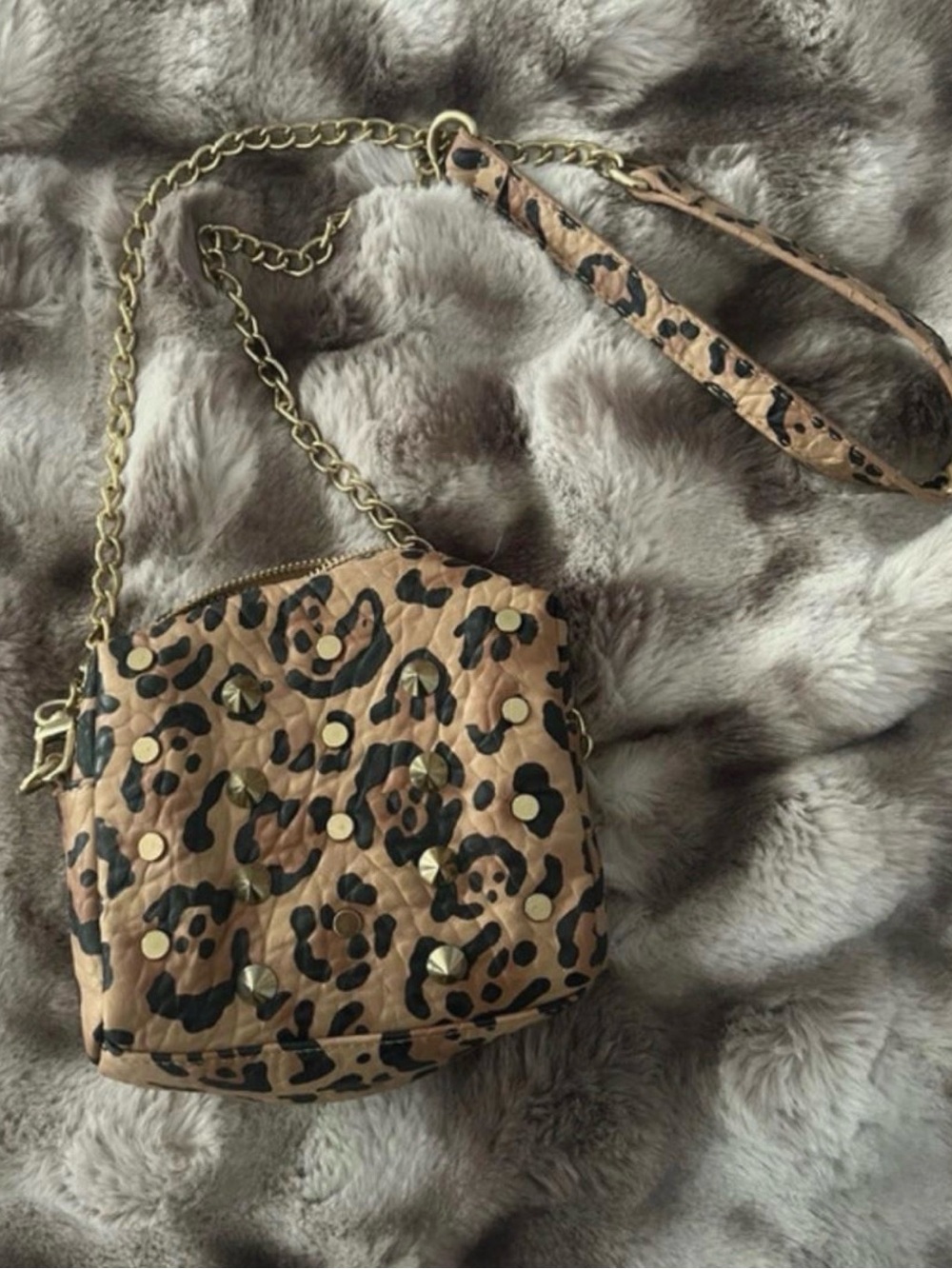 Steve Madden Leopard Print Studded Crossbody Bag in Tan and Black